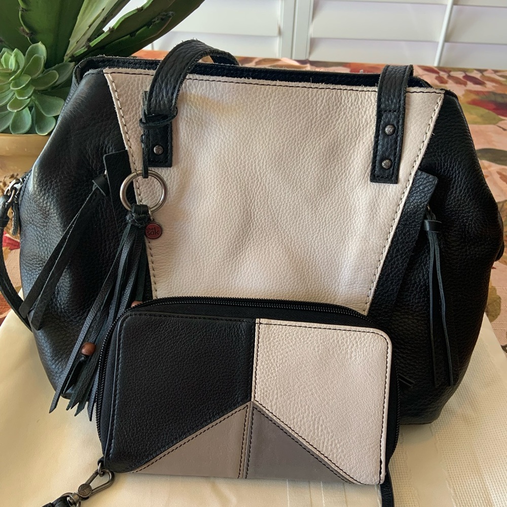 COPY - Sak Black and Cream Leather handle handbag and black, cream and Gray wal…